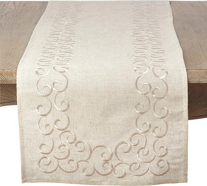 SARO LIFESTYLE Swirling Collection Embroidered Design Linen Blend Table Runner, 16" x 90", Natural