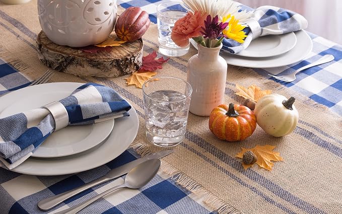 DII Jute Burlap Collection Kitchen Tabletop, Table Runner, 14x72, Double Border Blue