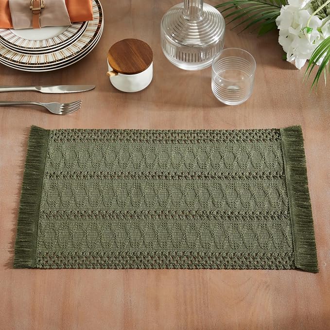 ZeeMart Macrame Style Boho Placemats Set of 6, Olive 12x20 Inch | Decorative Farmhouse Table Mats, Natural Cotton Woven Place Mats, Bohemian Home Decor for Kitchen Dining Table