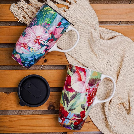 DUSVALLY Set of 2 Ceramic Travel Mug with Handle and Splash-Resistant Slider Lid, Suitable for Coffee and Tea, Microwave & Dishwasher Safe, Pink+Green Flower Mug