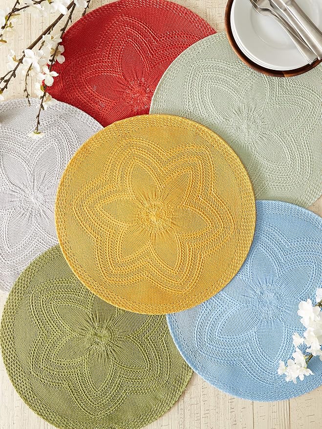 DII Woven Collection Round Braided Floral Placemat Set, 15", Honey Gold, 6 Piece