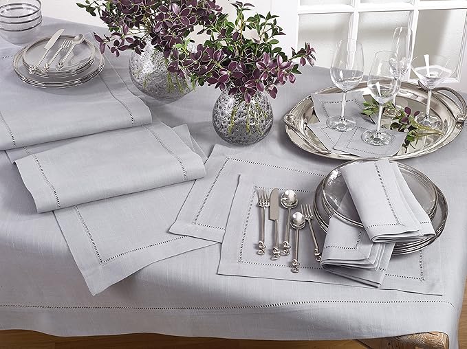 SARO LIFESTYLE Hemstitched Border Dinner Napkin (Set of 12), Grey, 22"x22"