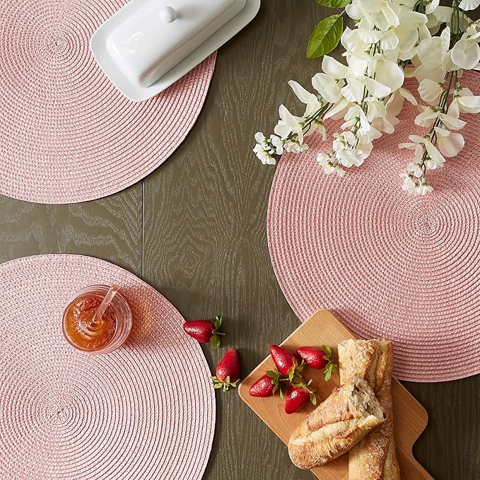 DII Classic Woven Tabletop Collection, Indoor/Outdoor Placemat Set, Round, 15" Diameter, Pink Sorbet, 6 Piece