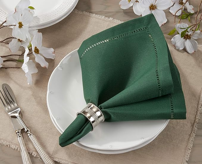 SARO LIFESTYLE Hemstitched Border Dinner Napkin (Set of 12), Jasper Green, 20"x20"