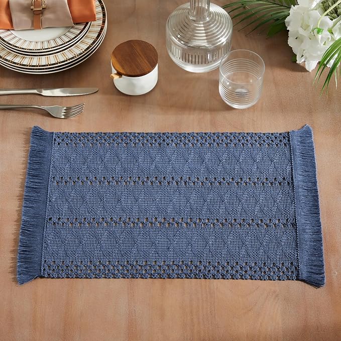ZeeMart Macrame Style Boho Placemats Set of 6, Dusty Blue 12x20 Inch | Decorative Farmhouse Table Mats, Natural Cotton Woven Place Mats, Bohemian Home Decor for Kitchen Dining Table