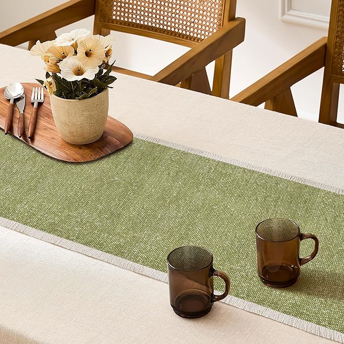 Hausattire Table Runner Cotton Frayed Boho 12x36 Inches | Fall Table Center Piece for Party Table Top Decoration Washable Farmhouse, Wedding,Easter Spring CollectionNubby Cotton - Green