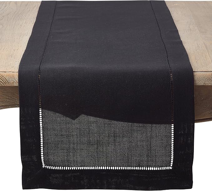 SARO LIFESTYLE Hemstitched Border Table Runner, Black, 16"x120"