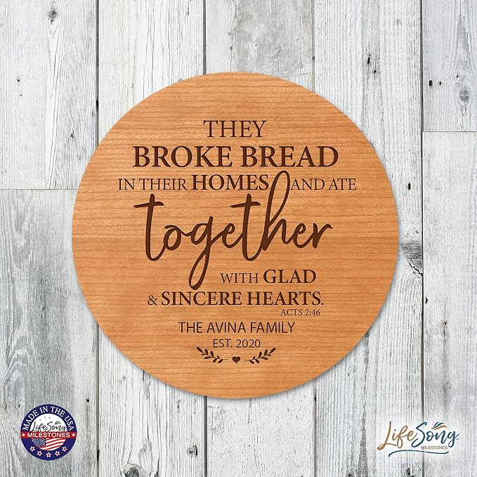 LifeSong Milestones Personalized Cherry Wood Lazy Susan Kitchen Turntable Everyday Design Ideas 12” Engraved Decorative Serving Centerpiece Family (They Broke Bread)