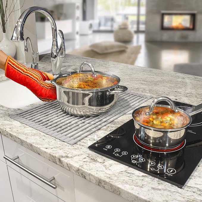 Sorbus Roll-Up Dish Drying Rack [Large 20.5'' X 13"] Over The Sink Drying Mat,- Multipurpose Dish Drainer - Fruits and Vegetable Rinser - Durable Silicone Covered Stainless Steel (Warm Gray)