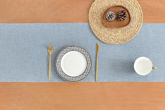 Wracra Linen Style Table Runner, Rustic Farmhouse Chambray Dusty Blue Table Runners 36 Inches Long, Handcrafted Table Runner for Fall, Winter - Everyday Use and Machine Washable