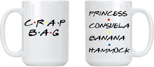 Crap Bag & Princess Consuela Banana Hammock – Funny Coffee Mug Set – 2 Large 15 Oz White Ceramic Cups – Couples Gift for Friends TV Show Fans